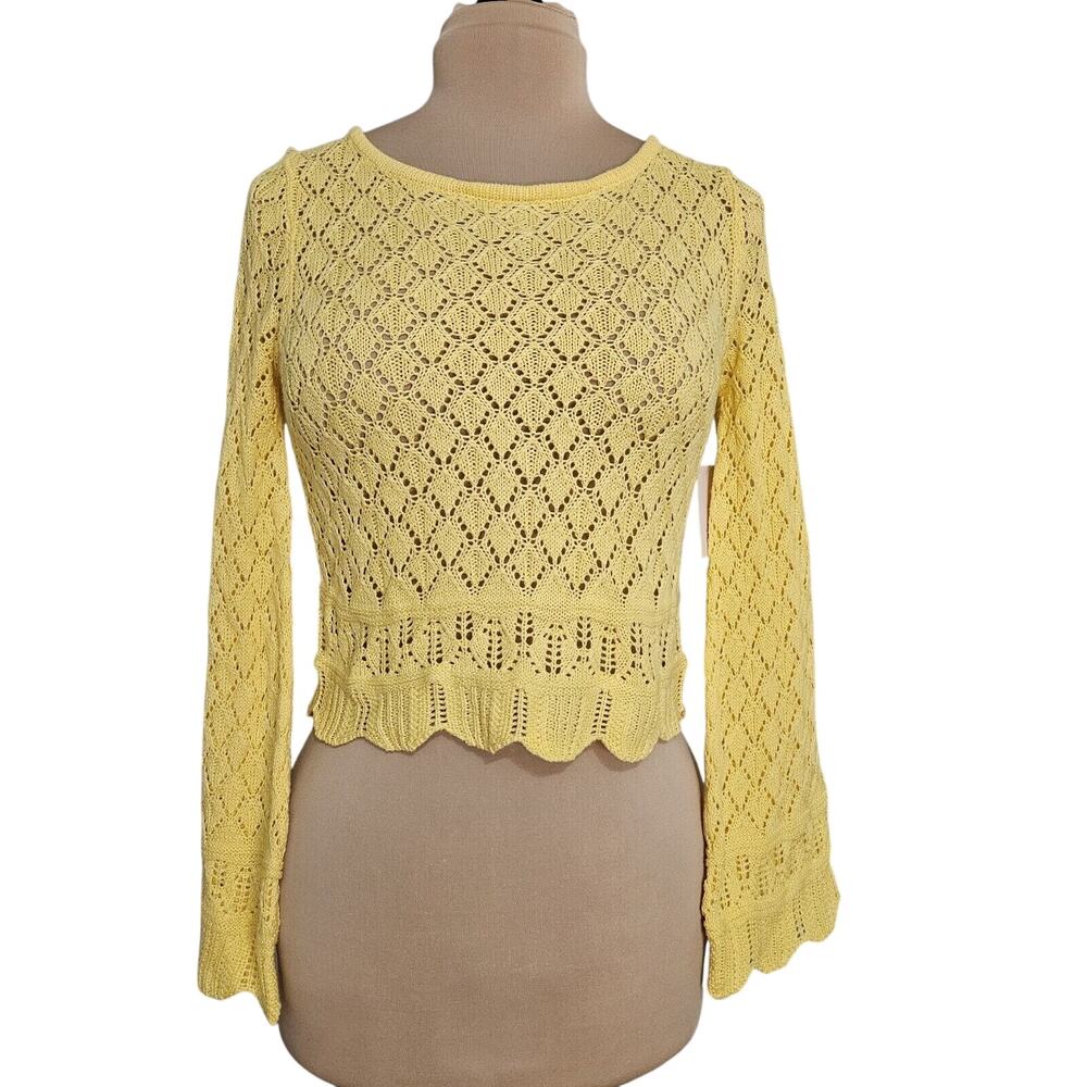 New Lauren Conrad Top XS Boho Crochet Lemon Yellow Knit Sweater Bell Sleeve Crop